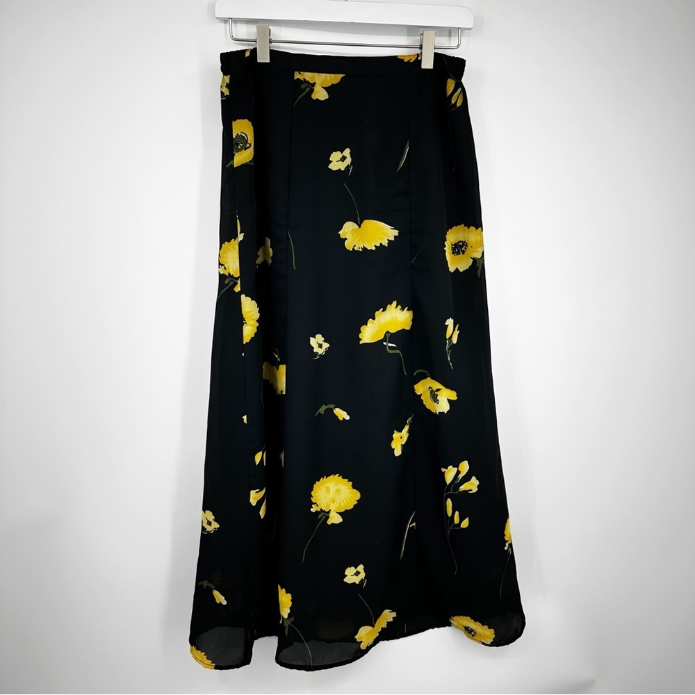 Vintage Y2K Fairycore Yellow Sunflower Black Midi Skirt Size Medium Early 2000s